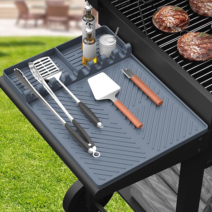 Silicone Griddle Tools Mat for Blackstone, Griddle Accessories Side Shelf Mat Grill Pad for Outdoor Grill Kitchen Counter Spatula Silicone Mat with Drip Pad (Grey)