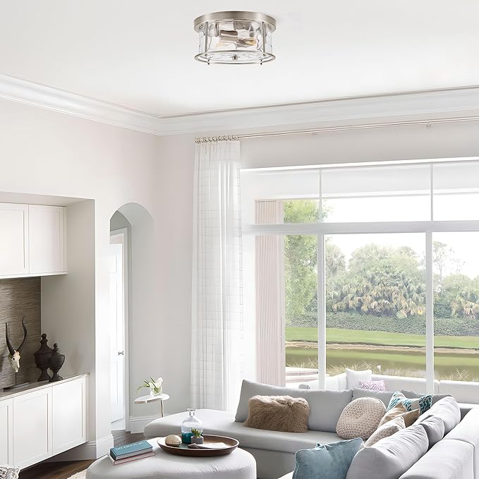 LamQee Flush Mount Ceiling Light with Clear Hammered Glass, Industrial 2-Lights Farmhouse Close to Ceiling Light Fixtures Round Low Profile Lights for Kitchen Hallway Foyer Entrance Bedroom Nickel