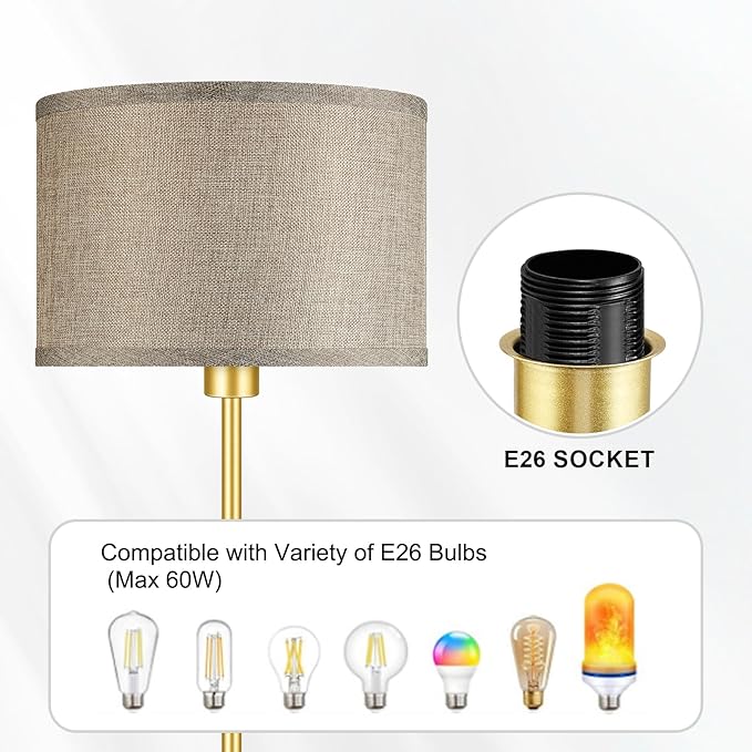 Floor Lamp Gold, Standing Lamp, 58" Small Tall Lamps with Jute Lampshade, Simple Pole Lamp for Bedroom, On/Off Footswitch, Gold Lamps for Living Room/Office/Boho,Christmas Gift for Kids(No Bulb)