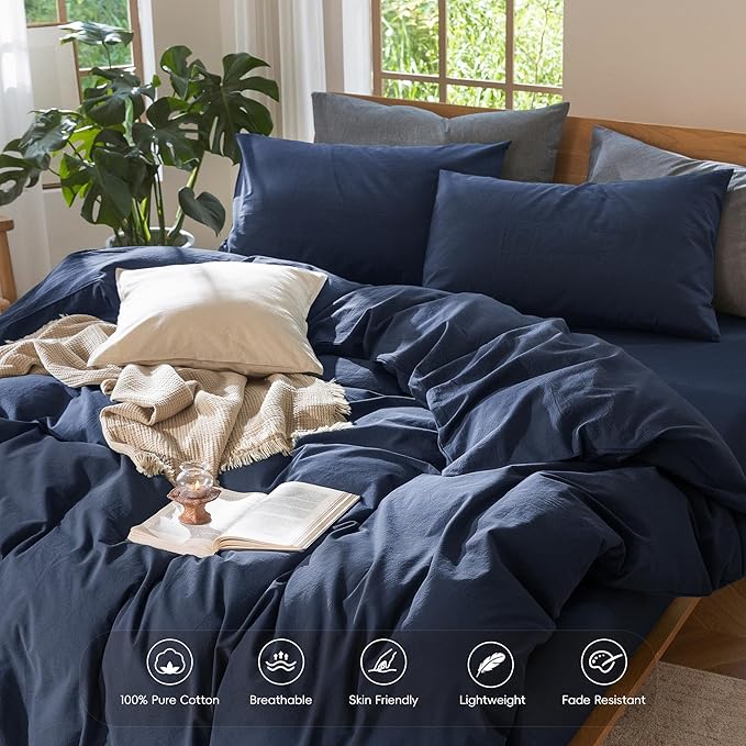 MooMee Bedding Duvet Cover Set 100% Washed Cotton Linen Like Textured Breathable Durable Soft Comfy (Solid Navy, Queen 90"x90")