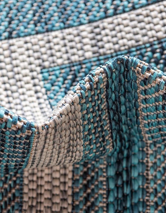 Unique Loom Outdoor Border Collection Area Rug - Soft Border (2' x 8' Runner, Teal/ Ivory)