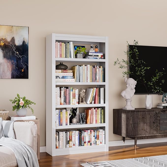 Metal Bookshelf, 5-Tier Bookcase, Modern Bookshelves with Adjustable Shelves, White Bookshelf for Home Office, Living Room, Garage, Small Space Living