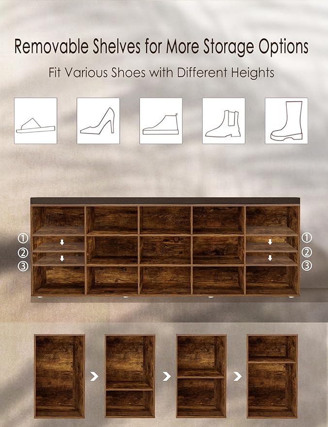 DINZI LVJ Shoe Storage Bench with Cushion, 15-Cubby Rack, Adjustable Shelves, Long Organizer Bench for Entryway, Mudroom, Hallway, Living Room, Bedroom and Garage, Rustic Brown