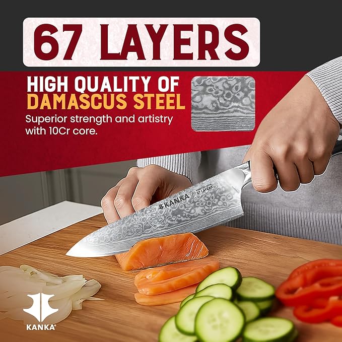 KANKA 10-inch 67 Layers Damascus Steel Profesional Chef Knife - Extra Long, G10 Black Fiberglass Handle, Razor Sharp Knife. Wood Sheath Included.