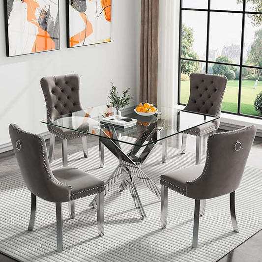 Goujxcy Glass Dining Table Set for 4, Modern Kitchen Table and Chairs Set of 4, 5-Piece Kitchen Dining Room Table Set w/36 Square Silver Glass Dining Table and 4 Grey Velvet Upholstered Chairs