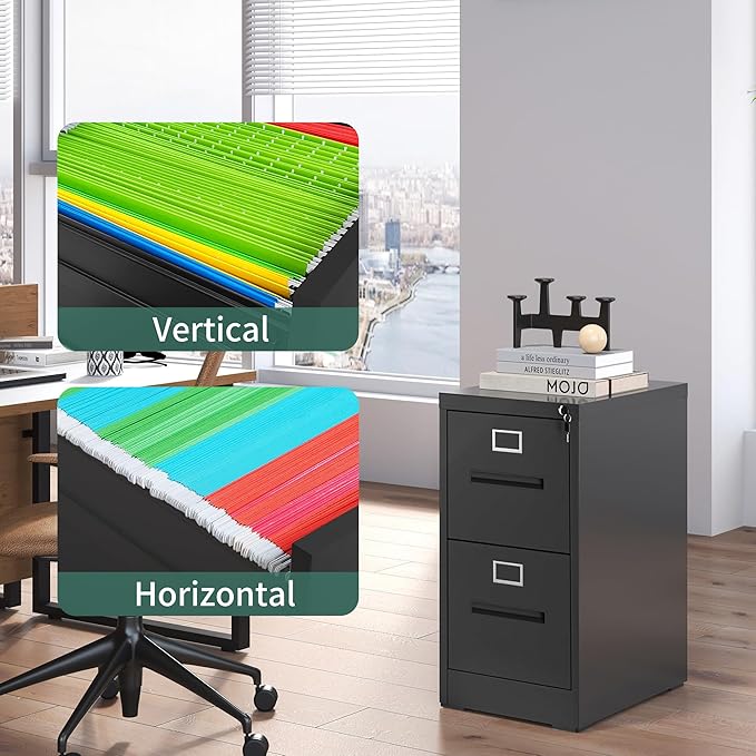 2 Drawer Vertical File Cabinet Home Office Metal Filing Cabinet, D17.7 Locking File Cabinets with Keys, Anti-Tilt Design, Steel Drawer Cabinet for A4/Legal/Letter,Need Assemble (Black)