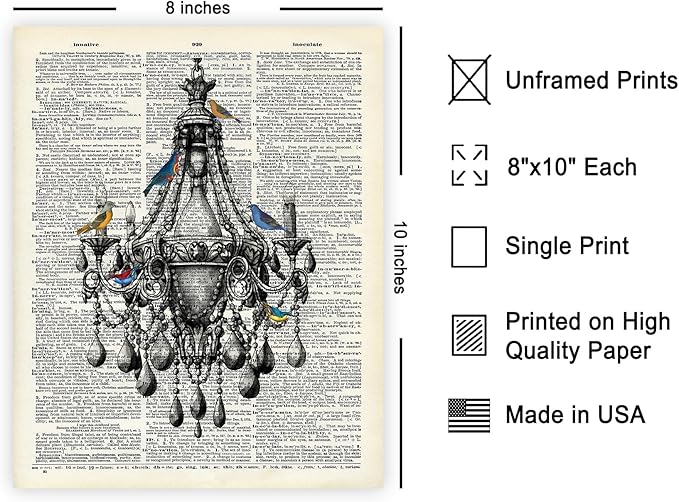 Poster Master Dictionary Art Poster - Antique Chandelier Print - Bird Art - Baroque Art - Gift for Men & Women - Chic Decor for Living Room, Dining Room, Bedroom or Kitchen - 8x10 UNFRAMED Wall Art