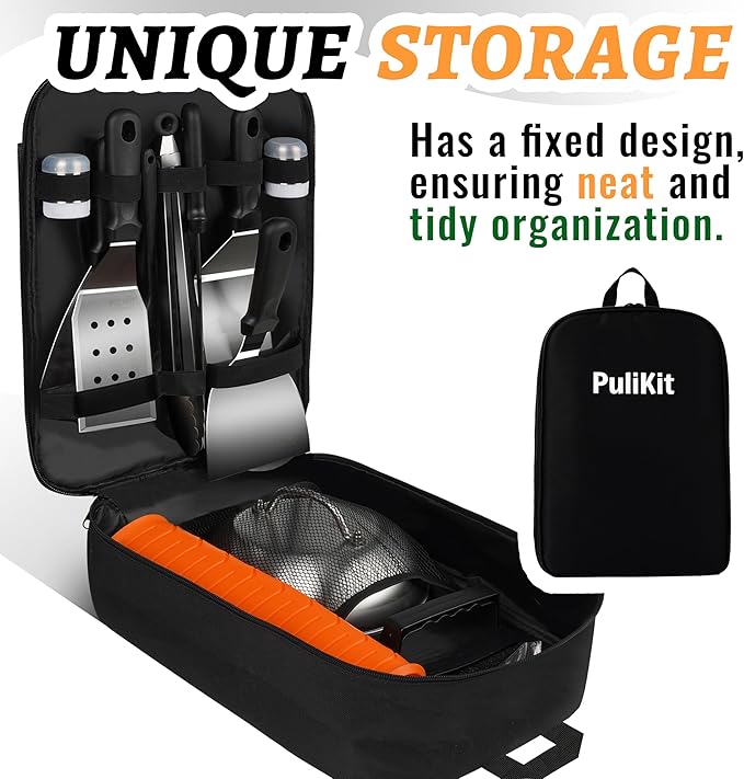 Griddle Accessories Kit for Blackstone – 14 PCS Flat Top Grill Tools Set with Stainless Steel Spatulas, Scraper & Bottles, Carry Bag Included – Outdoor BBQ Gift for Men