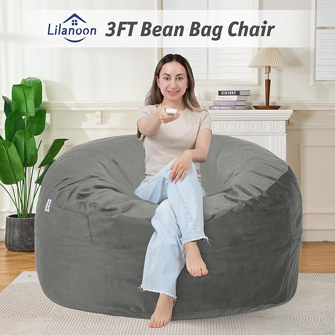 3FT Bean Bag Chair with Ultra Soft Velvet Cover Bean Bag Sofa with Memory Foam Bean Bag Chairs with Large Size Lazy Sofa for Dorm Office Living Room Bedroom Silver Grey 3'