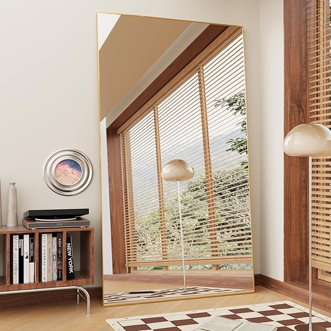 FANYUSHOW Full Length Mirror with Stand, 76"x34" Aluminum Alloy Frame Floor Mirror, Shatter-Proof Glass Free Standing, Leaning Against Wall or Wall-Mounted, for Bedroom Living Room Dressing Room Gold