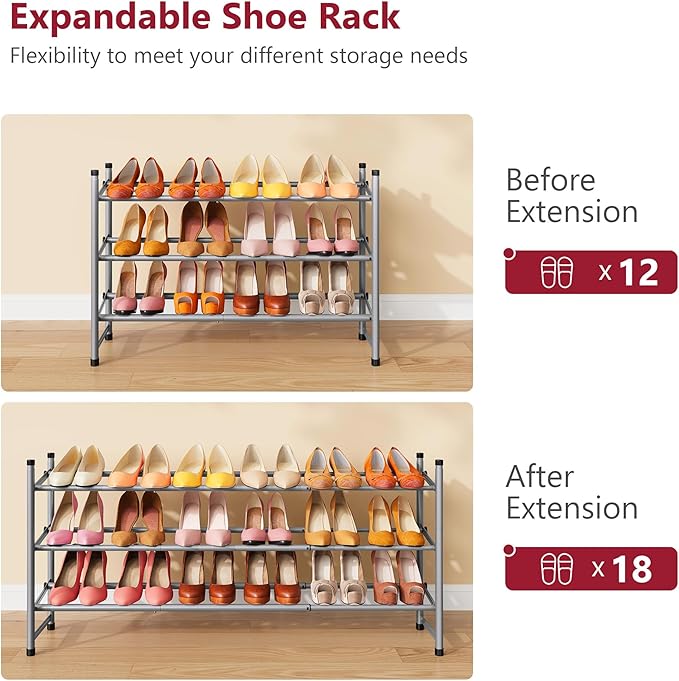 Tajsoon Expandable Shoe Rack for Closet 3 Tier, 28“-41“Adjustable & Stackable Shoe Shelf Storage, Metal Shoe Rack Organizer for Front Door Entrance, Closet, Garage, Entryway, Grey