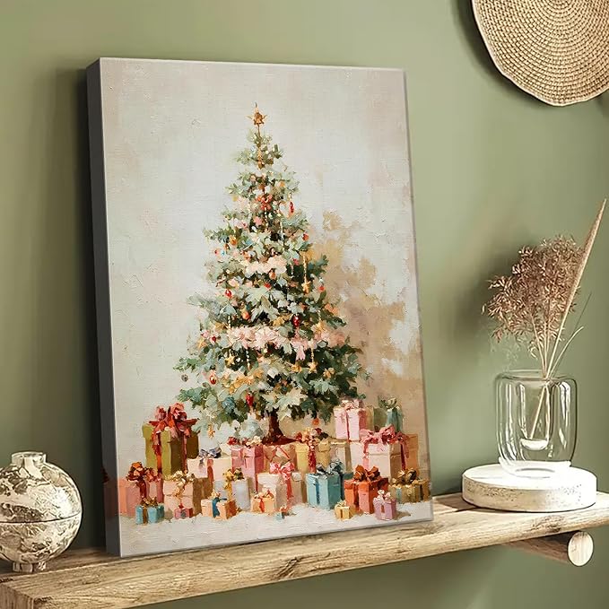 Vintage Evergreen Tree Christmas Canvas Wall Art - Rustic Pine with Gifts Framed Canvas Prints for Kitchen & Bathroom, Cozy Christmas Wall Decor, Ideal Christmas Gifts & Winter Decor
