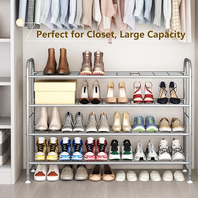 LINZINAR Shoe Rack 4 Tier Storage Organizer for Closet Entryway Metal Grey