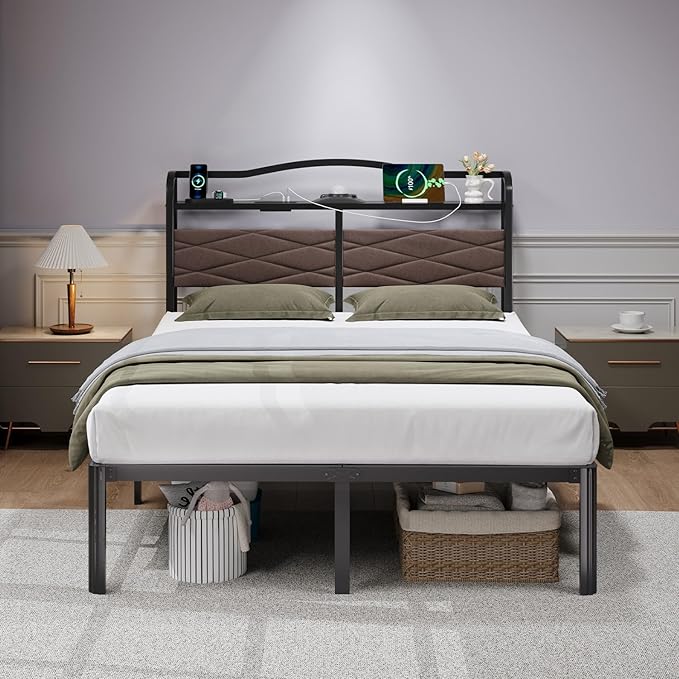 Queen Size Bed Frame - Storage Headboard with Charging Station & Galaxy Aurora Projector, 14 Inch Sturdy Metal Platform Bed Frame No Box Spring Needed, Easy Assembly, No Noise, Brown