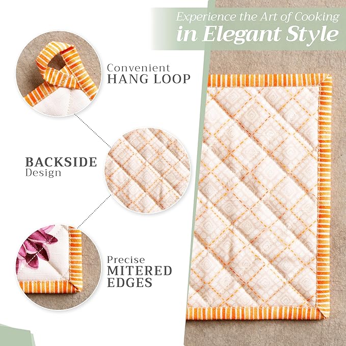 Maison d' Hermine Pot Holders 100% Cotton Heat Resistant Potholders 8" x 8" Hot Pads with Loop for Thanksgiving Christmas Decoration Baking Handling Hot Pans (Pack of 1, Pumpkin Garden - Cloudy Cream)