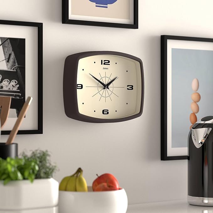 JONES CLOCKS® Movie Wall Clock | Rectangular Retro Clock | 10 inch | Mocha Brown | Cool mid-Century Designer Look for Kitchen, Living Room or Office