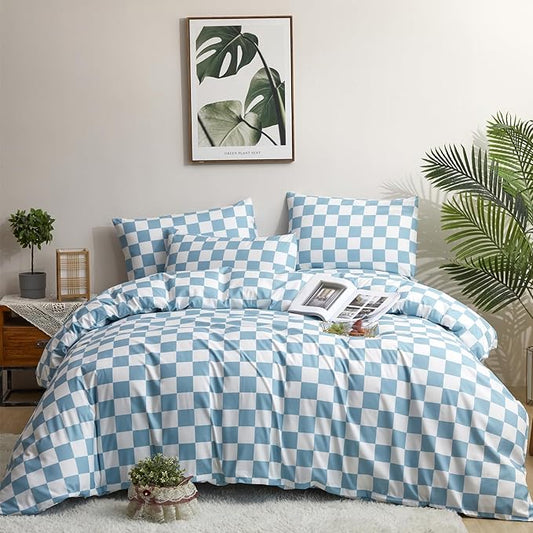 Blue and White Checkered Comforter Set Twin Comforter Set Lightweight Twin Bedding Set 3 Pieces Includes 1 Checkered Comforter (68"x90") and 2 Pillowcases (20"x26")