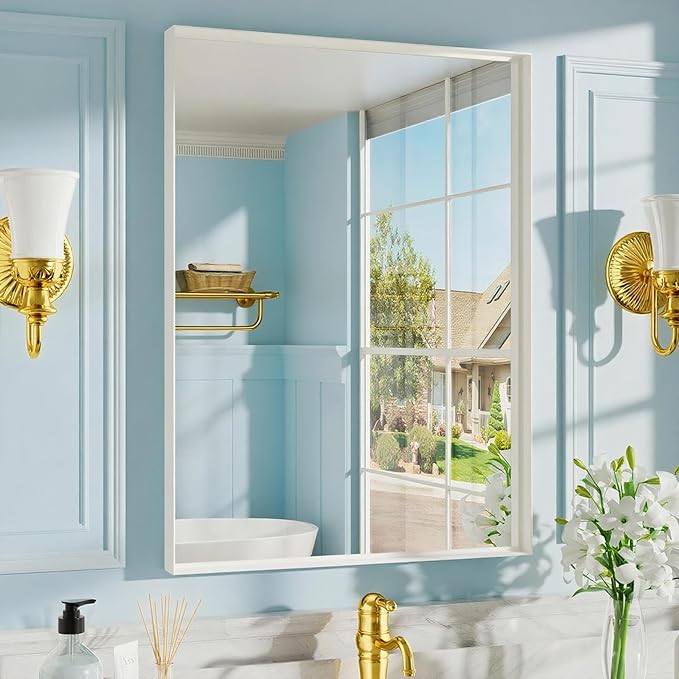 22x30 Inch White Bathroom Mirrors for Over Sink, Rectangle Mirror, Metal Framed, Wall Mounted, Modern Vanity Mirror, HD Tempered Glass (Horizontal/Vertical)