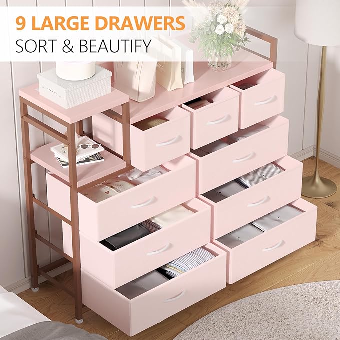 Jojoka TV Stand with Charging Station, Bedroom Dresser for Living Room TV Stand with 9 Drawers, Pink