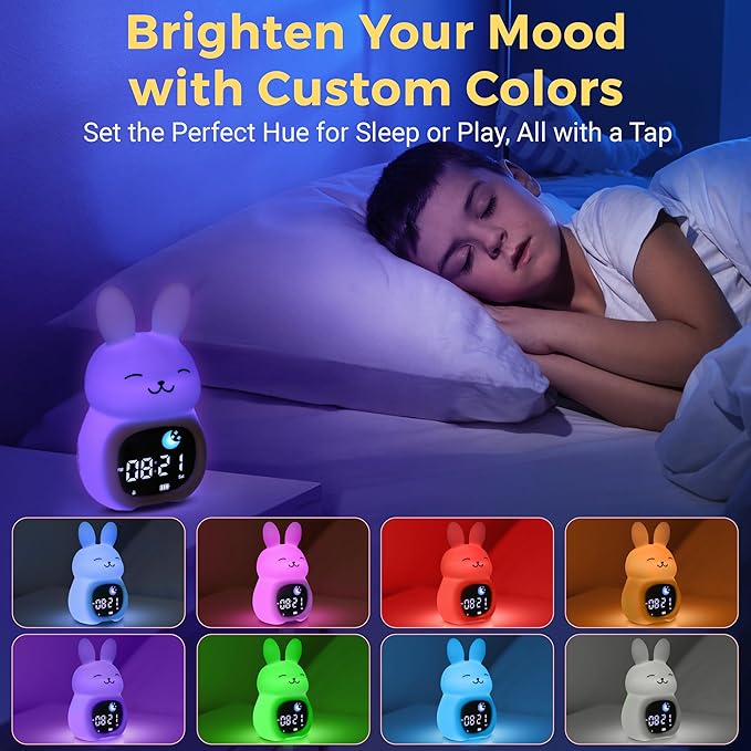 Bumble & Bright Go & Glow Bunny App Control Kids Alarm Clock – Digital Sleep Trainer with USB-C Corded, 8 Night Light Colors, 6 Soothing Sounds, 12/24H Routine Trainer, Gift for Boys & Girls
