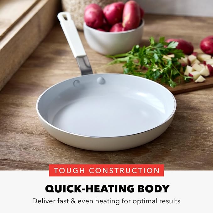 GreenPan x Bobby Flay 10" Nonstick Frying Pan Skillet, PFAS-Free Diamond Ceramic, Induction Suitable, Stay-Cool Silicone Handle, Easy Clean Dishwasher & Oven Safe, Egg & Omelet Pan, Cream
