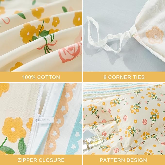 SAPHREAS Yellow Floral Duvet Cover Set King Size 3pcs Garden Style Botanical Blossom Bedding Comforter Cover Set 100% Cotton 1 Duvet Cover 104"x90" 2 Pillow Shams, Comforter Not Included