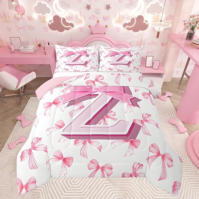 jejeloiu Kids Girls Cute Pink Bow Comforter Set Toddler Size Monogrammed Bedding Set Ultra Soft Personalized Initial Z Duvet Quilt Coquette Bow Knot Quilt Set Room Decor Modern Fashion Comforter