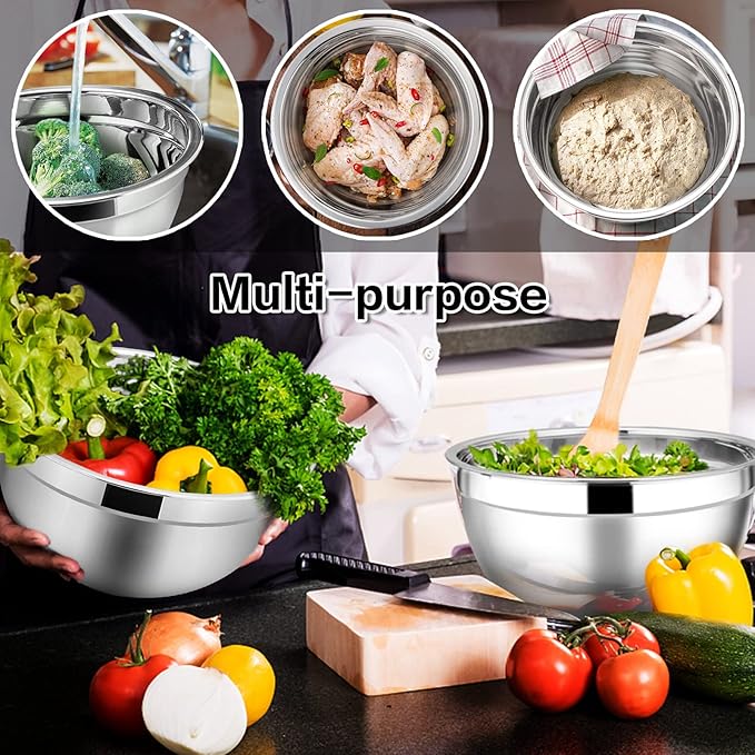 E-far Stainless Steel Mixing Bowls with Airtight Lids, 7-Piece Metal Nesting Bowls with Black Lids for Saving Storage Space, Size 7, 4.6, 3, 2, 1.5, 1, 0.7QT, Great for Baking/Cooking/Prepping