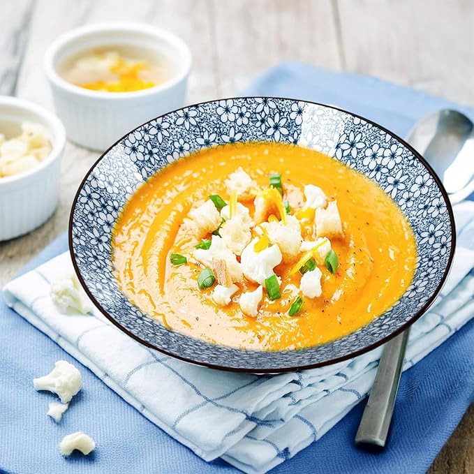 38 oz Japanese Ramen Bowl Set of 6 - Large 8 Inch Ceramic Soup Bowls, Blue and White Japanese Noodle Bowls for Pho, Ramen, and Salad - Cherry Blossom Floral Patterns