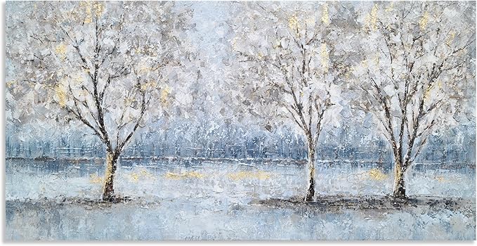 NdcSkyArt Blue Grey Tree Paintings Hand Painted Canvas Wall Art with Gold Foil Modern Abstract Grey Contemporary Rustic Farmhouse Family Tree Landscape Pictures Scenery Artwork