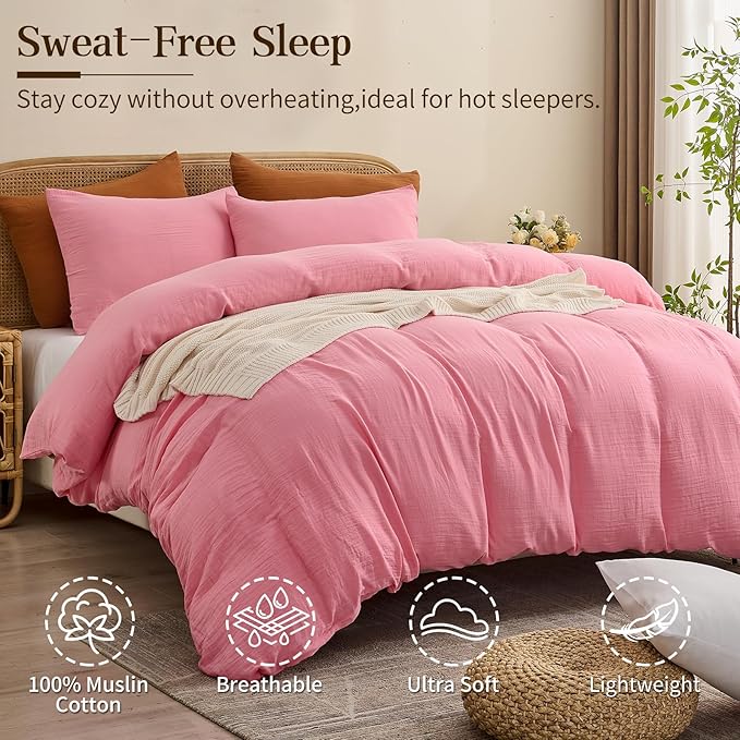 MEISHANG Muslin Duvet Cover Queen Size - 100% Organic Cotton, Soft Textured Gauze Weave Comforter Cover for Breathable All-Season with Zipper Closure - 3 Piece Set (Queen, Pink)