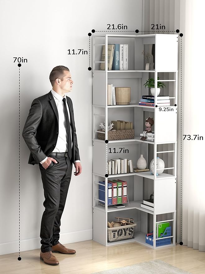 7 Tier Corner Bookshelf 74 Inches Tall Corner Bookcase Industrial L Shaped Book Shelf with Metal Frame Display Rack Storage Organize for Home Office,Living Room,Bed Room (White)