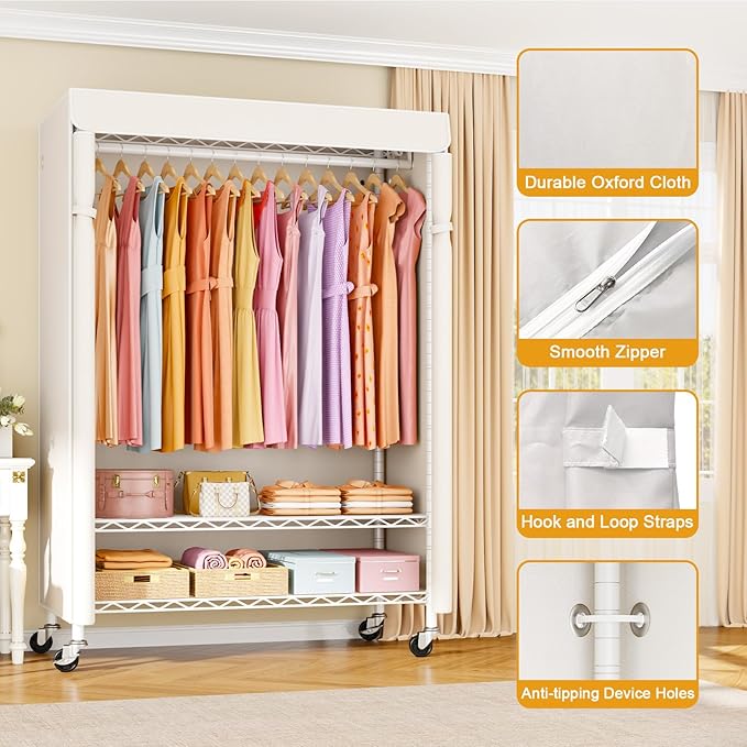 P6C Plus Rolling Clothes Rack with Cover, Covered Clothing Rack Heavy Duty, Portable Closet for Hanging Clothes, Garment Rack on Wheels, White Closet Rack with White Cover, Max Load 375LBS