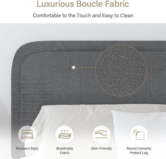 BarnFurin Full Size Bed Frame, Upholstered Platform Bed with Headboard, Boucle Soft and Cloud Bed Frame, Modern Style, No Box Spring Required, Easy Assembly, Dark Grey
