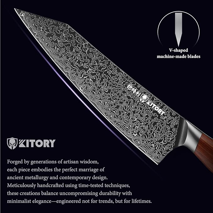 73-layers Damascus Kiritsuke Chef`s Kitchen Knife 8.5'', Japanese Style Blade with 10Cr15CoMoV super steel cutting core, Full Tang Sandalwood Handle, w/t Gift Box
