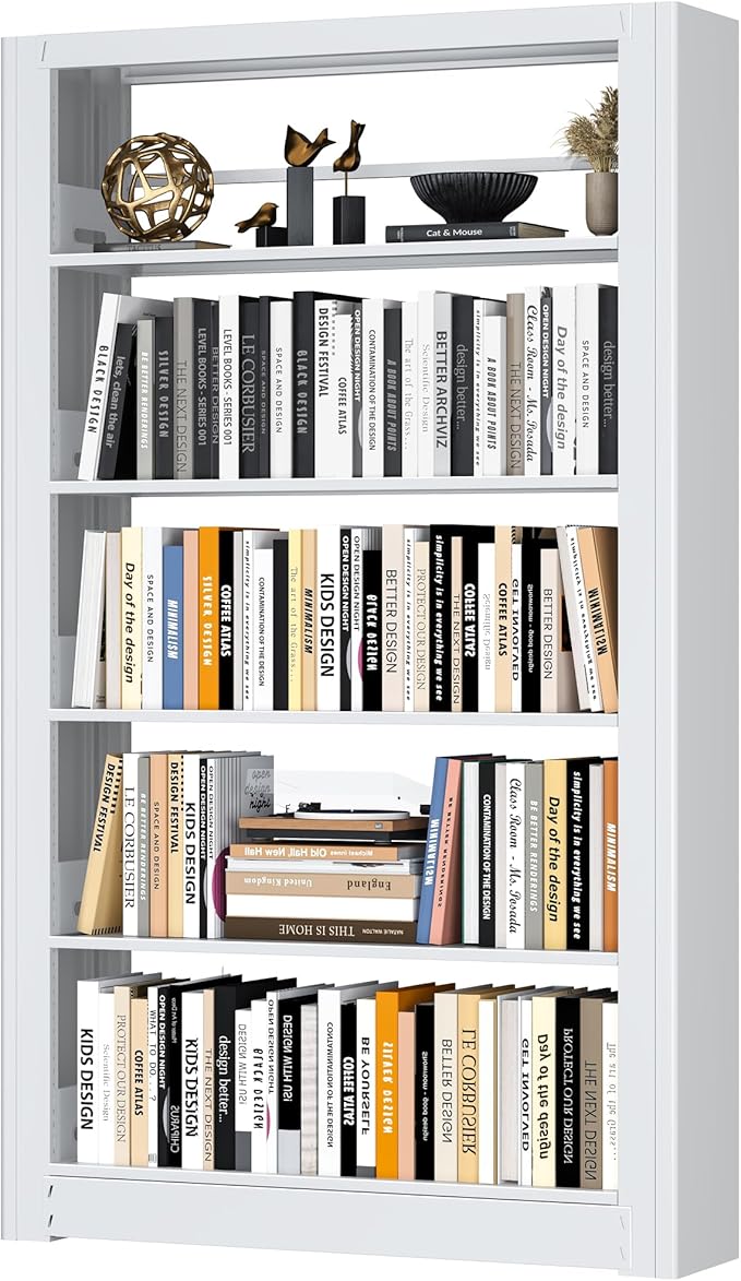69” Tall Metal Bookshelf,5-Tier Bookcase with Adjustable Storage Shelves,Floor Standing Unit,Heavy Duty Bookcase for Home Office, Living Room, Bed Room,White Display Shelves,H69*W36*D11.8 Inch