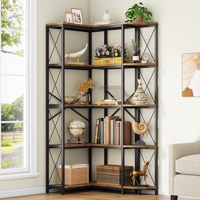 5-Tier Reversible Corner Bookshelf, Modern Industrial Bookcase, 5-Shelf Large L-Shaped Storage Shelf Display Rack with Metal Frame for Living Room, Home Office, Bedroom, Rustic Brown