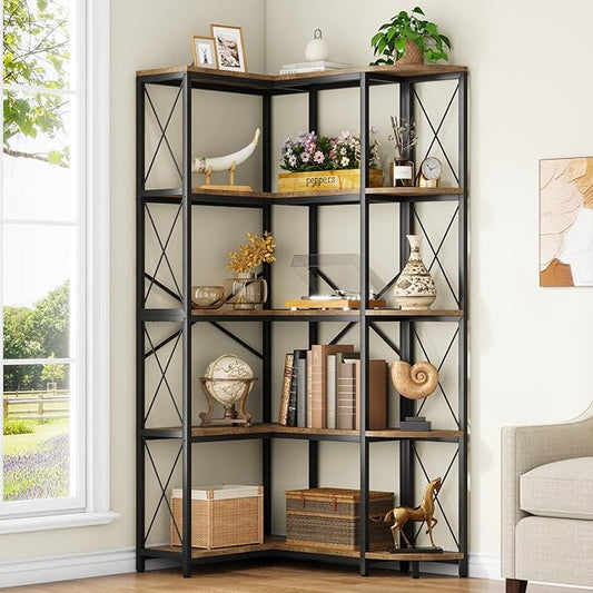 5-Tier Reversible Corner Bookshelf, Modern Industrial Bookcase, 5-Shelf Large L-Shaped Storage Shelf Display Rack with Metal Frame for Living Room, Home Office, Bedroom, Rustic Brown