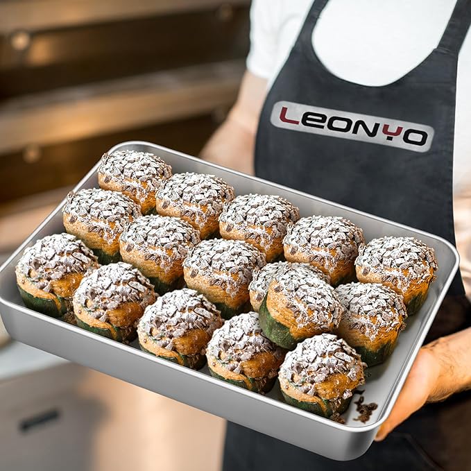 Leonyo Rectangular Cake Pan, 12⅓ x 9¾ x 2 Inch Stainless Steel Baking Trays, Nonstick & Oven Safe, Deep Lasagna Pan for Focaccia, Bread, Brownies, Casseroles