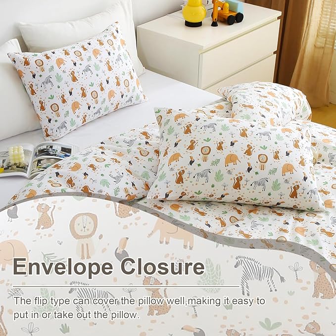 Ivellow Queen Duvet Cover Set Zoo Animal White 100% Cotton Duvet Cover for Kids Cute Bedding Set 3Pcs Ultra Soft Breathable Kids Duvet Cover Patterned Cartoon Comforter Cover Boys Girls Toddler Teen