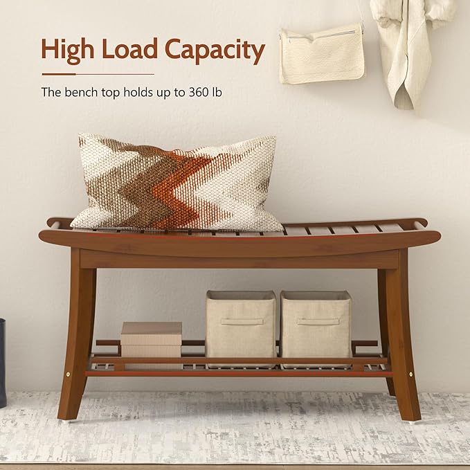 Bamboo Entryway Storage Bench with Shelves Shoe Rack Bench Seat Organizer for Porch Bedroom Bathroom Balcony 39 x 13 x 19.2 Inches Chestnut Brown