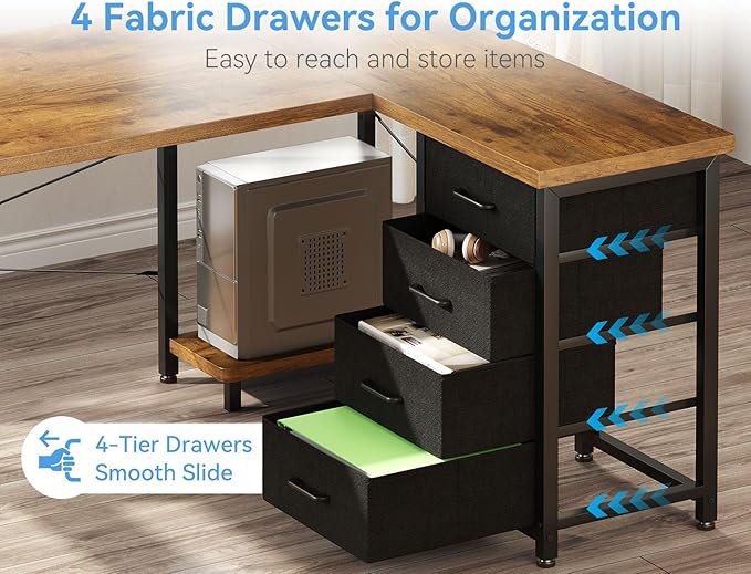 ODK 61'' L Shaped Desk with 4 Drawers, Reversible Corner Desk with Storage, Gaming Table with Power Outlets, USB Ports, Computer Desk for Home Office, Study, Easy Assembly, Vintage Brown