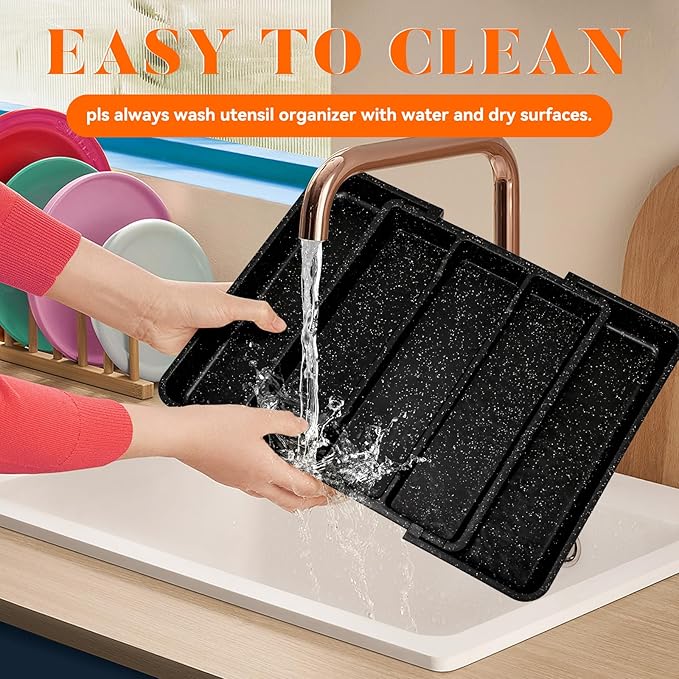 Utensil Drawer Organizer for Kitchen Cutlery, Expandable Large Silverware Organizer, Adjustable Cooking Utensil Tray, Plastic Spatula Tools and Gadgets Storage Divider, Marble Design, Black