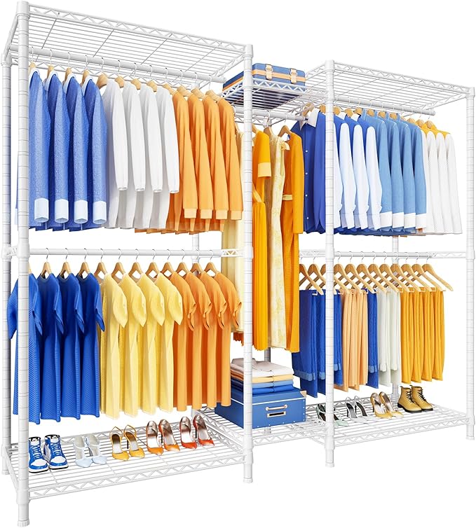 Ulif E12 Clothes Rack，Heavy Duty Freestanding Garment Rack with Shelves，Metal Clothing Closet Storage System for Hanging Clothes，71" W x 16" D x 76.5" H, Hold 960 lbs，White