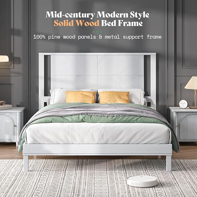 AMERLIFE Solid Wood Queen Size Bed Frame with Headboard, Rustic Style Platform Bed Frame with Under-Bed Storage, No Box Spring Needed, Noise Free, Easy Assembly, Antique White