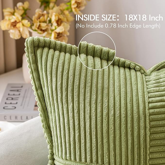 MIULEE Decorative Throw Pillow Covers for Couch Bed Livingroom 18x18 Inch Set of 2 Green Boho Accent Throw Pllows Broadside Striped Patchwork Soft Corduroy Summer Pillowcases