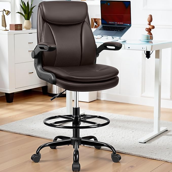 Drafting Chair Tall Office Chair Leather Executive Office Chair with Adjustable Foot Ring Flip Up Armrest - Comfy Ergonomic Desk Chairs with Lumbar Support for Office Home Studio - Brown