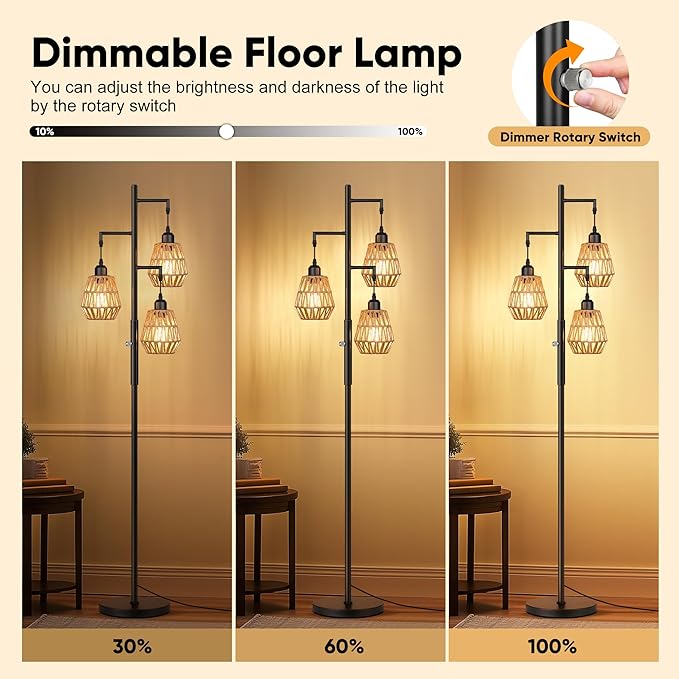QiMH Farmhouse Floor Lamps for Living Room, Industrial Standing Lamp with 3-Lights Boho Rattan Shades, 68" Modern Rustic Tree Tall Lamps for Bedroom Office, Rotary Switch, 3 LED Bulbs Included