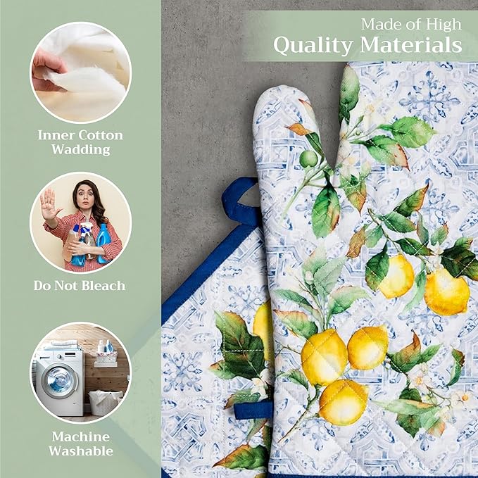 Maison d' Hermine 100% Cotton Oven Mitt & Pot Holder Set (7.5"x13" & 8"x8") Heat Resistant BBQ Cooking Gloves with Loop, Baking, Grilling, Kitchen, Handling Hot Pans Spring/Summer (Citrus)