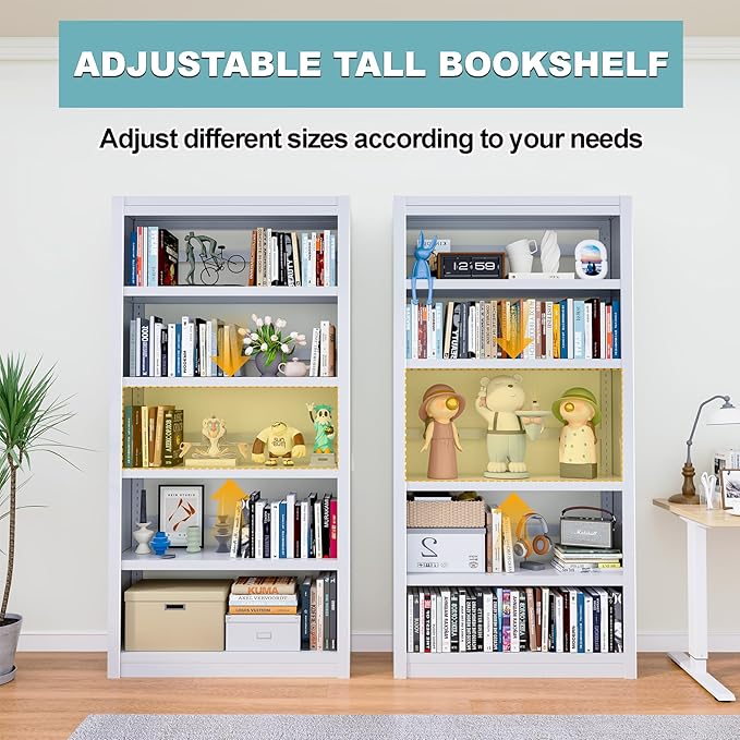 Bookcase,6-Tier Adjustable Steel Bookshelf,69" H Heavy Duty Metal Bookcase for Home/Office/Garage,Black Shelf (White, 69" Tall)